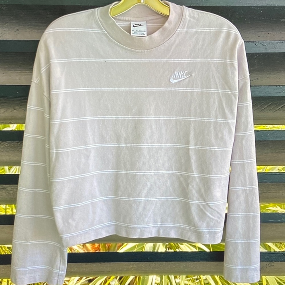 Nike Beige Crewneck with White Stripes and Embroidered Logo
